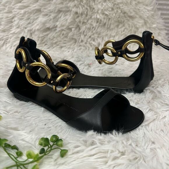 Giuseppe Zanotti Black Leather Gold Ring Ankle Strap OpenToe Sandals 36.5/6.5 US - Picture 3 of 11